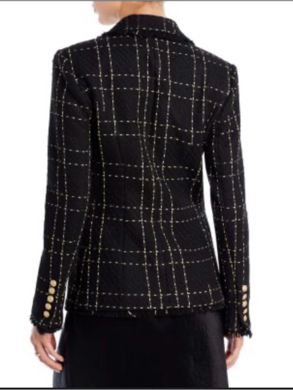 L'AGENCE Black Windowpane Double-Breasted Tweed Blazer with Gold Buttons - Picture 2 of 5